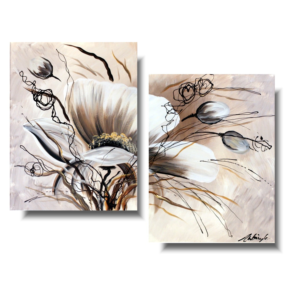 Obraz tryptyk obraz kwiaty delikatne beżowe maki