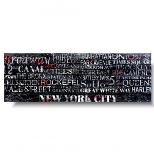 Poziomy obraz typografia, wąski obraz, obraz z napisami New York, obraz przestrzenny, obraz na czarnym tle, obraz literniczy, obrazy do biura