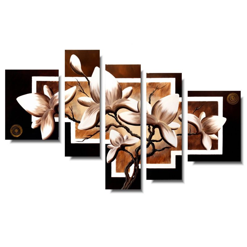 Obraz tryptyk nowoczesny obraz z kwiatami brązowa magnolia