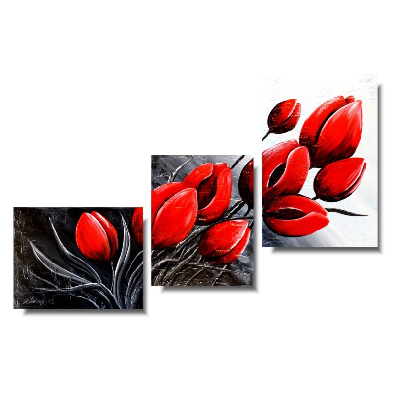 Obraz tryptyk obraz kwiaty romantyczne czerwone tulipany