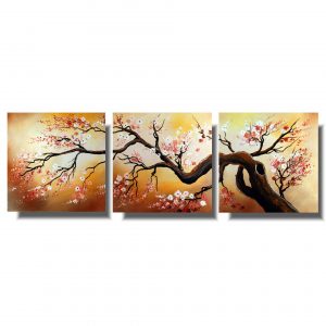 Obraz tryptyk, obraz japońska wiśnia, obraz drzewo wiśni, pomarańczowy obraz, obraz nad kanapę, obraz drzewo trzy częściowy, obraz drzewa, obraz dzielony drzewo
