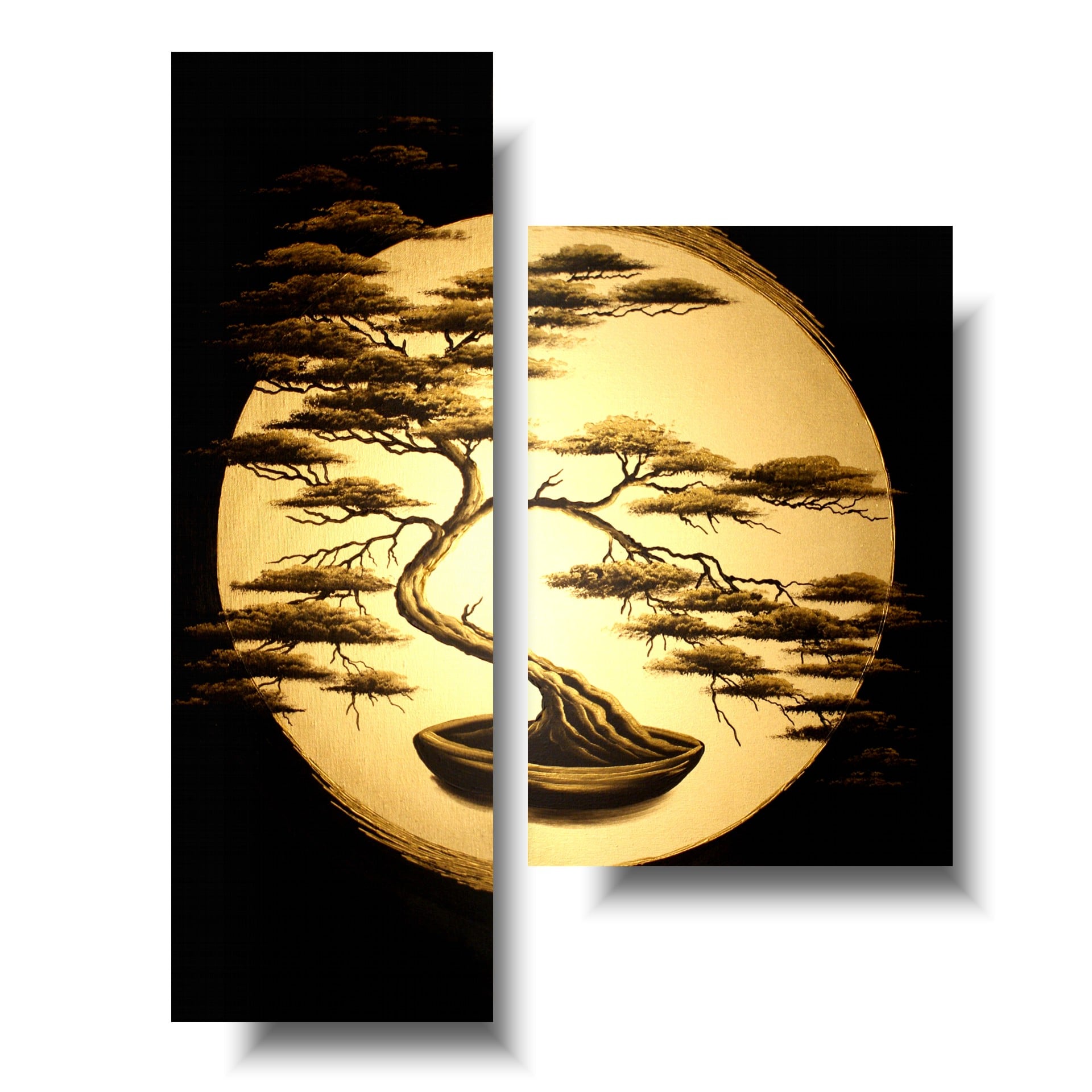 Obraz tryptyk, złote drzewo bonsai, obraz złote drzewo, obraz złoty japoński obraz