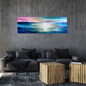 Obraz morski ręcznie malowany, obraz pejzaż, niebieski obraz, wąski obraz, obraz morski widok, poziomy obraz, obrazy o tematyce morskiej, obraz z mewami, nietypowe obrazy, obrazy marynistyka, obraz natura, obrazy marynistyczne