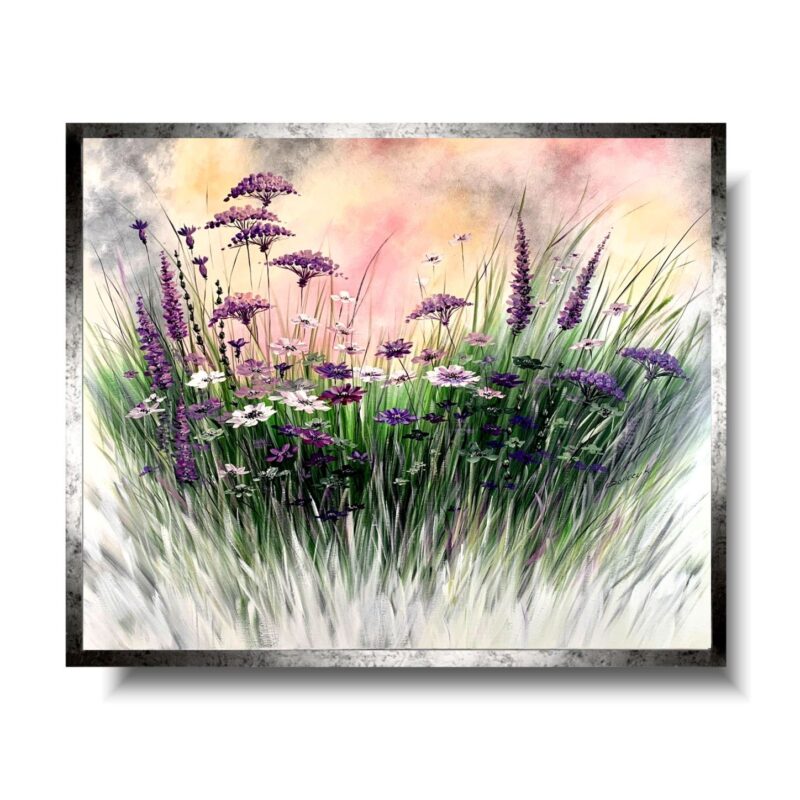 obraz fioletowa łąka kwiaty w ramie