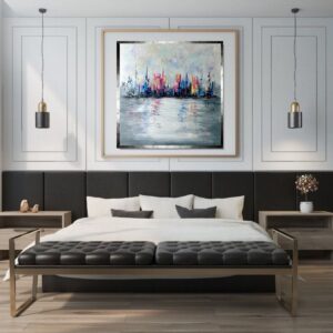 kolorowe miasto w ramie, kolorowy obraz miasto, obraz miasto, obraz abstrakcja, kolorowy obraz miasta, obraz ręcznie malowany na płótnie, kolorowe obrazy, obraz 90x90, obrazy architektura