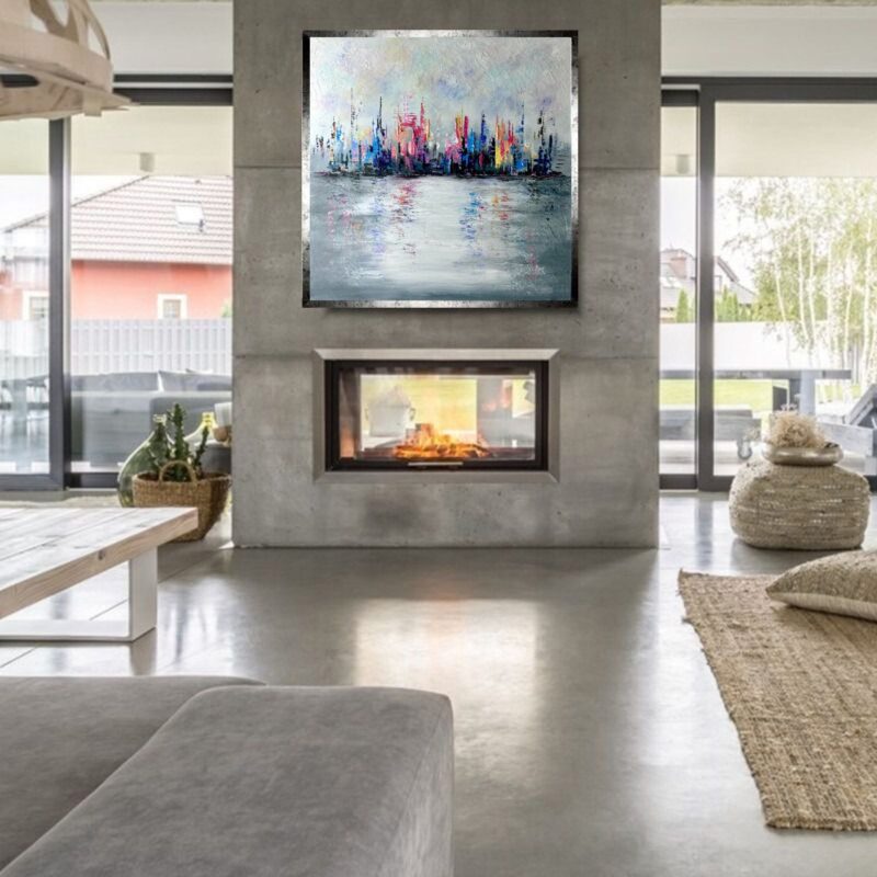 kolorowe miasto w ramie, kolorowy obraz miasto, obraz miasto, obraz abstrakcja, kolorowy obraz miasta, obraz ręcznie malowany na płótnie, kolorowe obrazy, obraz 90x90, obrazy architektura