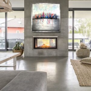 obraz kolorowe miasto w ramie nad kominkiem