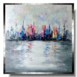 kolorowe miasto w ramie, kolorowy obraz miasto, obraz miasto, obraz abstrakcja, kolorowy obraz miasta, obraz ręcznie malowany na płótnie, kolorowe obrazy, obraz 90x90, obrazy architektura