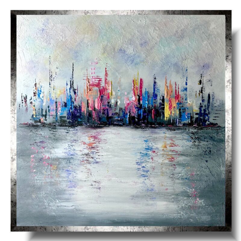 kolorowe miasto w ramie, kolorowy obraz miasto, obraz miasto, obraz abstrakcja, kolorowy obraz miasta, obraz ręcznie malowany na płótnie, kolorowe obrazy, obraz 90x90, obrazy architektura
