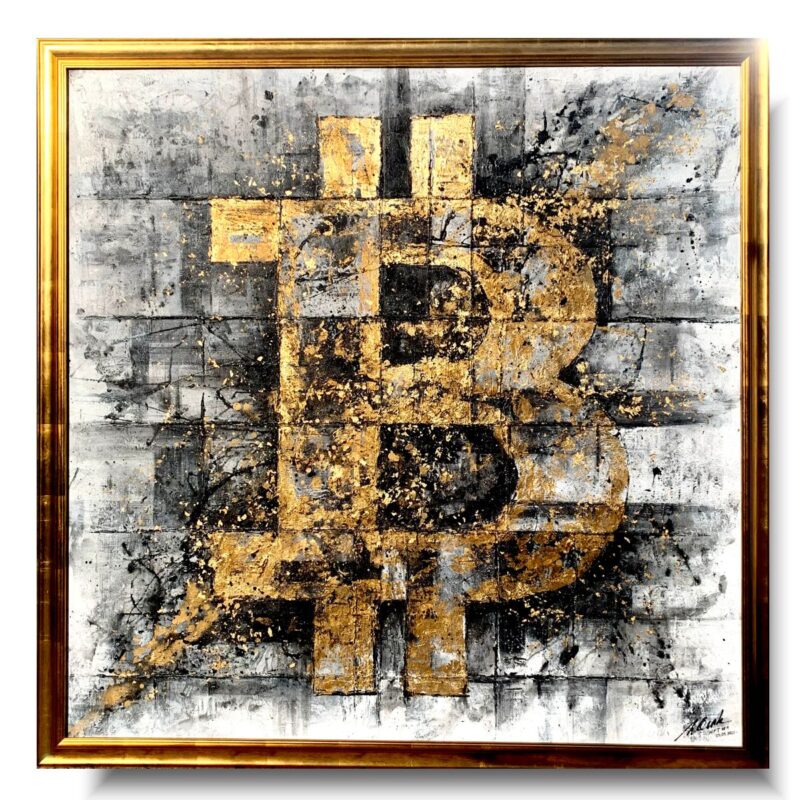 Duży obraz bitcoin abstrakcja, obraz złoty, obraz bitcoin, obraz w złotej ramie, obraz kryptowaluty, obrazy do salonu sprzedaży