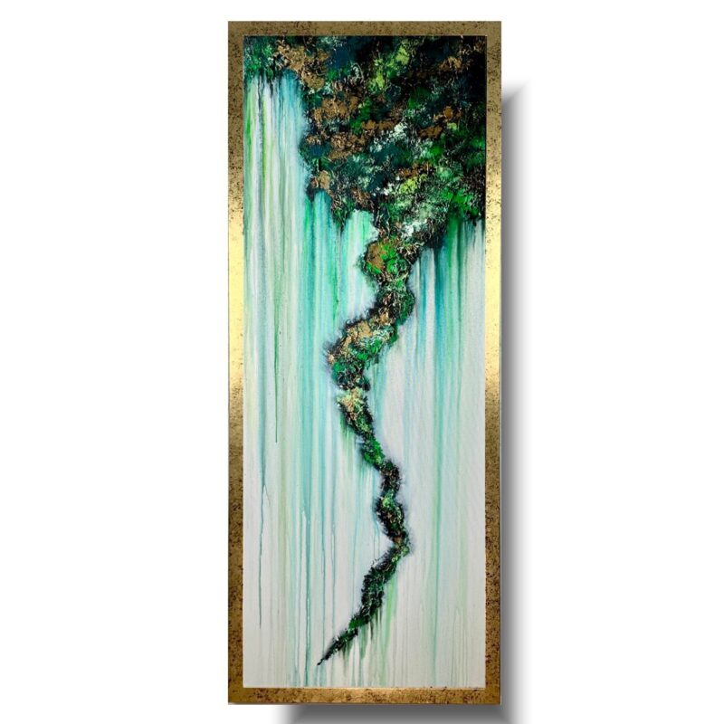 Pionowy obraz butelkowa zieleń, Obraz złoto zielona abstrakcja, obraz pionowa abstrakcja, obraz abstrakcja w ramie, obraz butelkowa zieleń, abstrakcja butelkowa zieleń, zielony obraz, obraz w złotej ramie, obraz ręcznie malowany