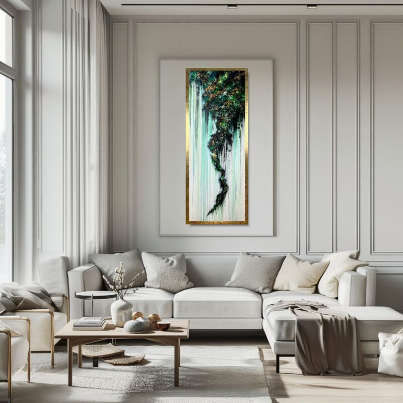 Pionowy obraz butelkowa zieleń, Obraz złoto zielona abstrakcja, obraz pionowa abstrakcja, obraz abstrakcja w ramie, obraz butelkowa zieleń, abstrakcja butelkowa zieleń, zielony obraz, obraz w złotej ramie, obraz ręcznie malowany