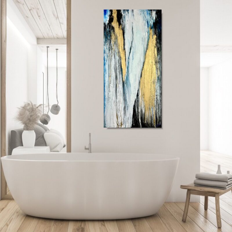 Pionowa złoto granatowa abstrakcja, obraz abstrakcja do salonu, obrazy abstrakcje, złota abstrakcja, pionowa abstrakcja, obraz 120x60, Pionowa złoto granatowa abstrakcja