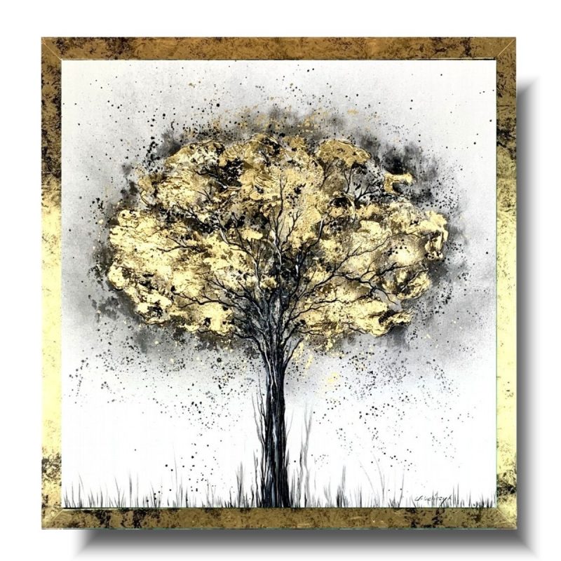 Obraz malowany złote drzewo, obraz złote drzewo, obrazy malowane na płótnie, obrazy na ścianę, obraz natura, obraz kwadratowy, obraz do restauracji, obraz 70x70, złote drzewo obraz