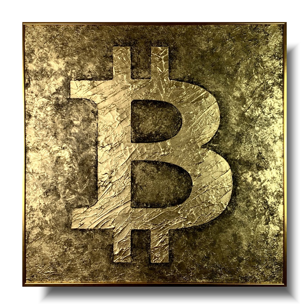 Obraz w ramie gold bitcoin abstrakcja, obraz złoty, obraz bitcoin, obraz w złotej ramie, obraz kryptowaluty, obrazy do salonu sprzedaży, bitcoin obraz