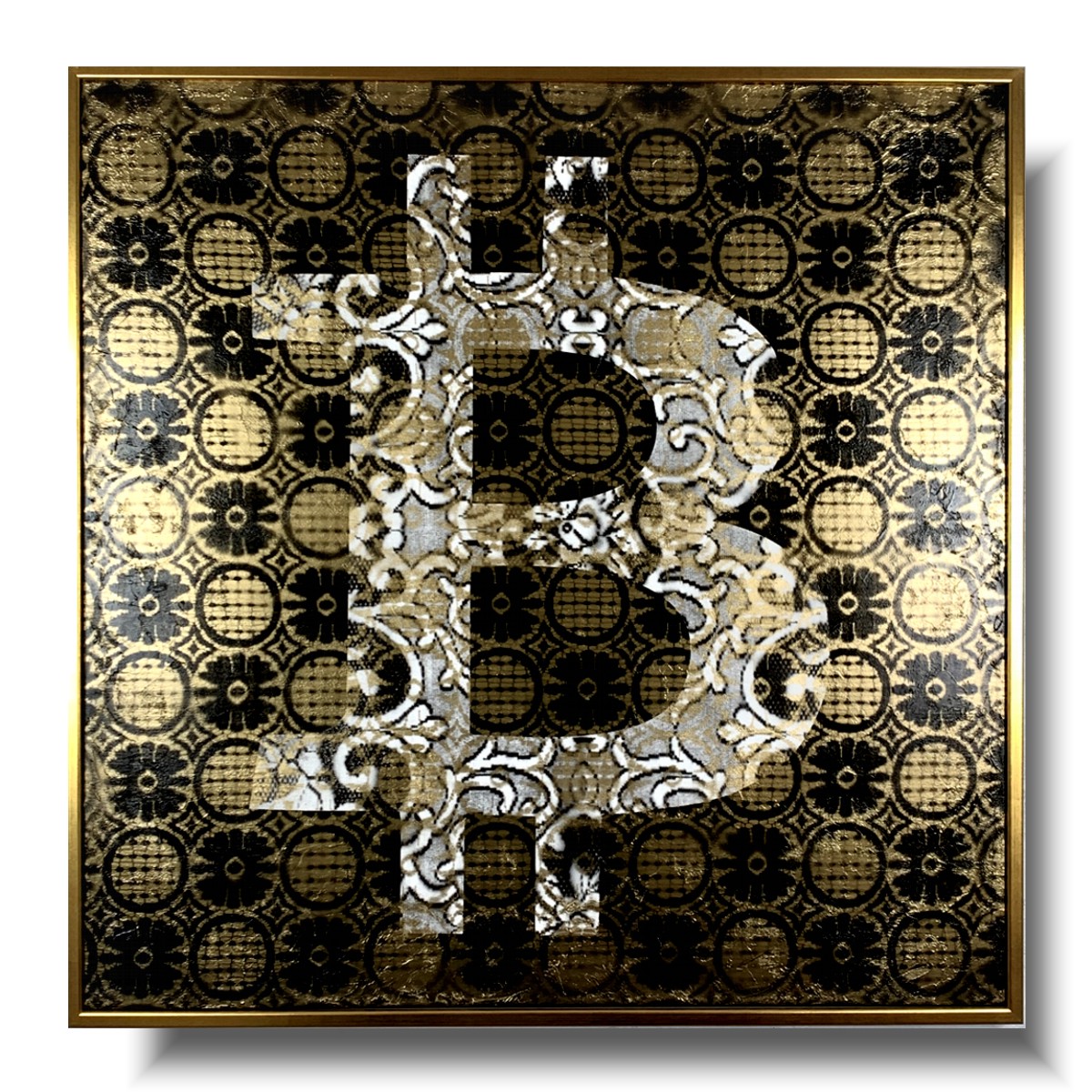 Obraz do salonu wzorzysty bitcoin w ramie, nowoczesny obraz, bitcoin obraz, obraz złoty, obraz bitcoin, obraz w złotej ramie, obraz kryptowaluty, obrazy do salonu sprzedaży,