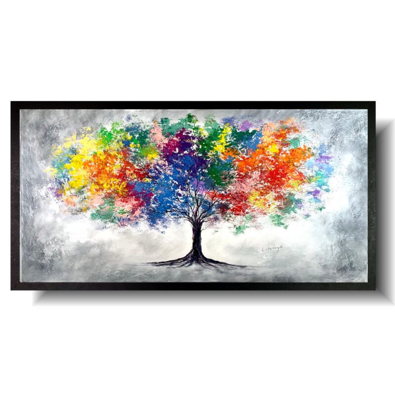 Obraz kolorowe drzewo, Kolorowe drzewo, obraz kolorowe drzewo, obraz z czarnej ramie, obraz drzewo, obrazy drzewa, obraz tęczowe drzewo