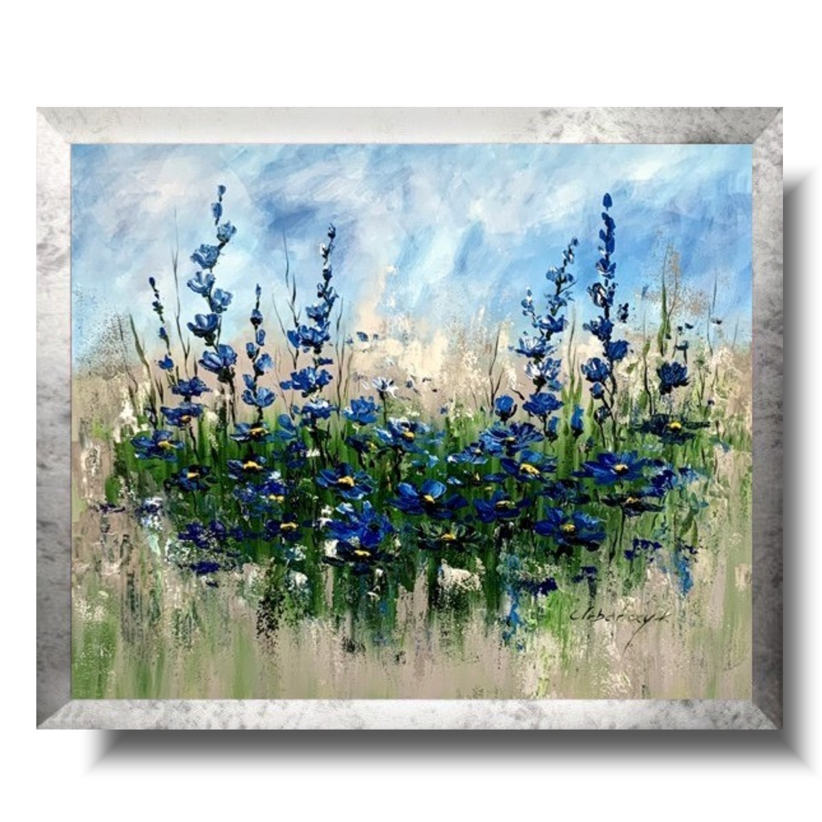 obraz kwiatowa łąka, obraz w ramie, niebieski obraz z kwiatami, obrazy do salonu w ramie, małe obrazy, obraz na ścianę