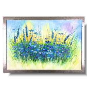 obraz ręcznie malowany, obraz z kwiatami, niebieskie kwiaty, mały obraz z kwiatami, obraz niebieska łąka