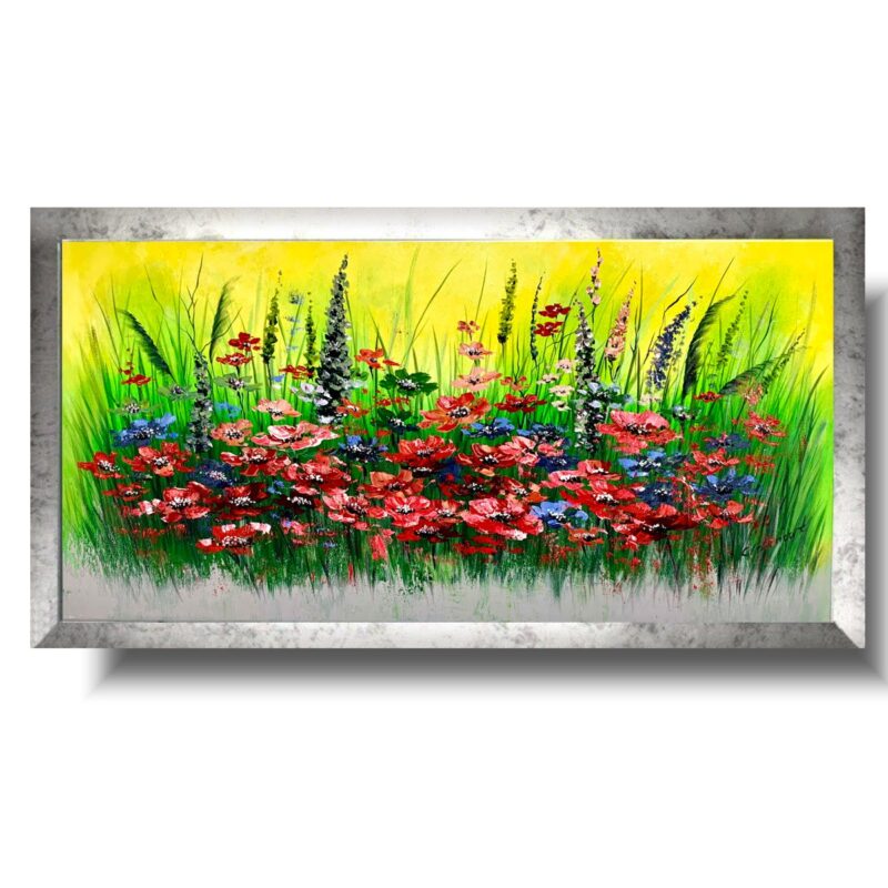 Obraz olejny malowany łąka, obraz na płótnie, obraz z kwiatami, obraz łąka, kwiaty na obrazie, obraz w ramie, obraz na prezent, obraz olejny, obrazy kwiaty, obraz 40x80, obraz ręcznie malowany