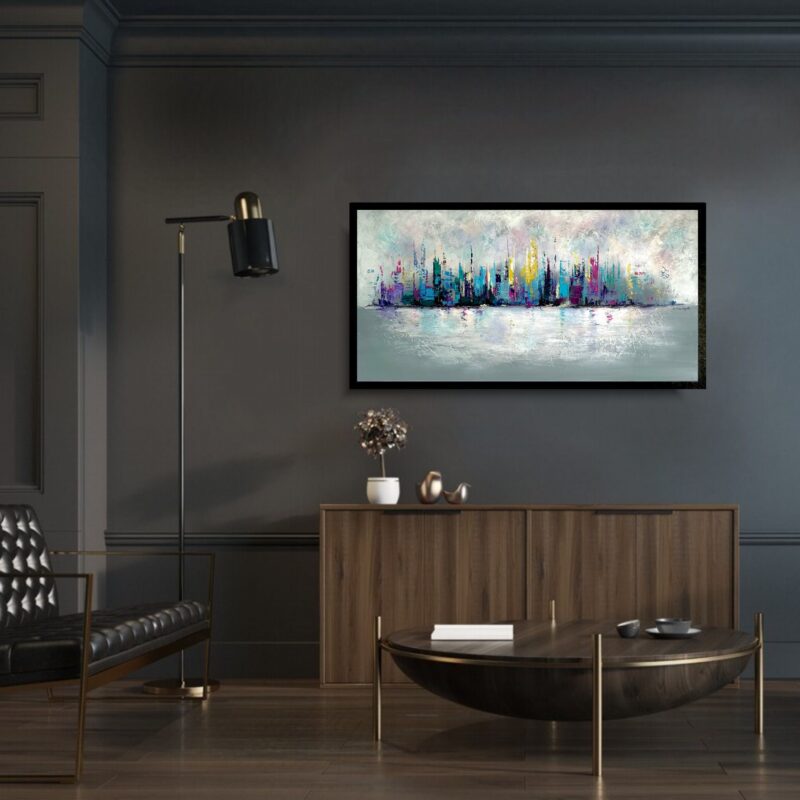 Obraz kolorowy pejzaż miasta, obraz kolorowe miasto, miasto na obrazie