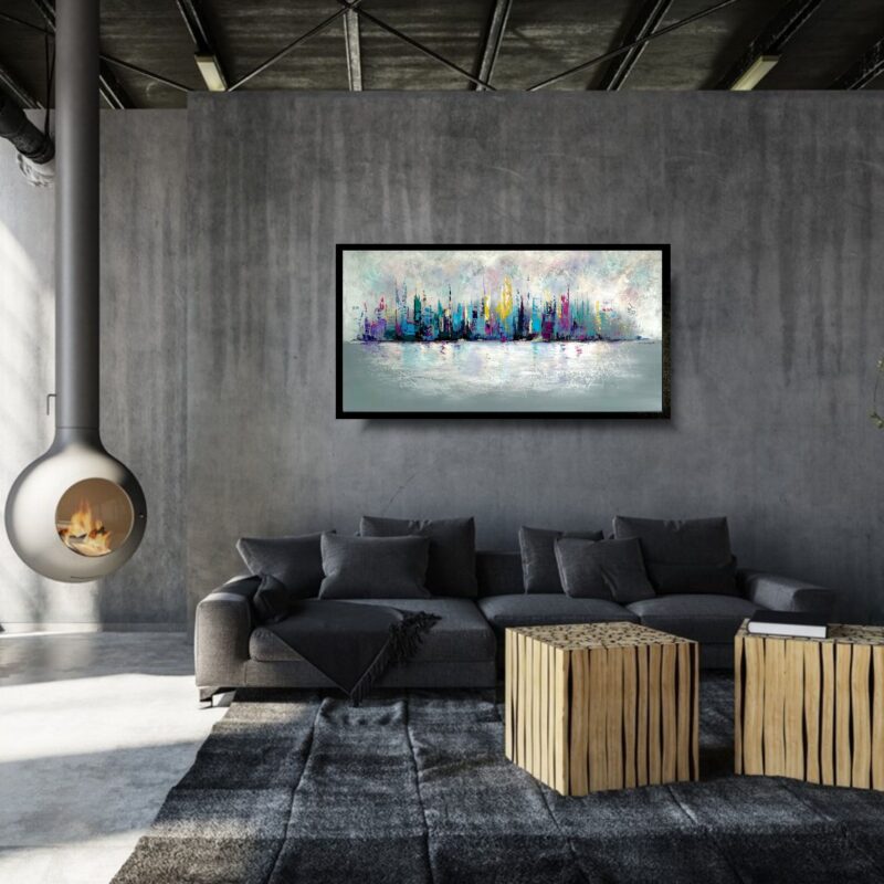 Obraz kolorowy pejzaż miasta, obraz kolorowe miasto, miasto na obrazie