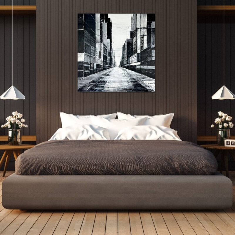 obraz czarny monochromatyczne miasto, czarne obrazy, obraz czarno biały, widok miasta i architektura, sztuka współczesna obrazy, obraz akrylowy, obrazy do przedpokoju