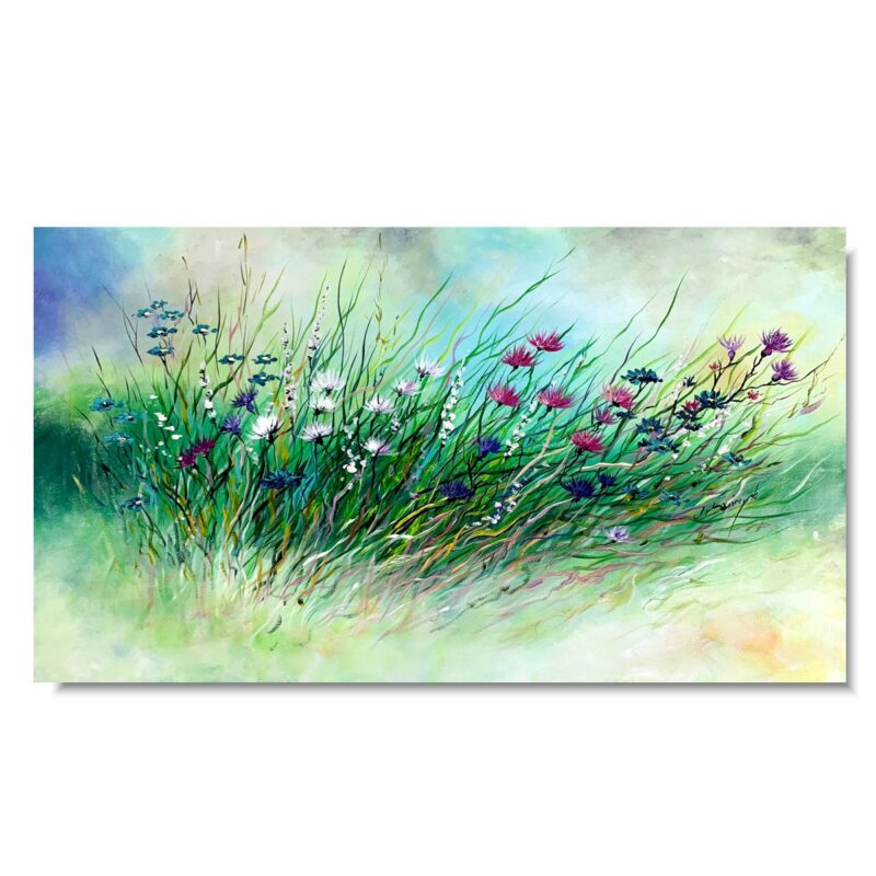 Mały obraz chabrowa łąka, małe obrazy, obraz z kwiatami, obraz łąka, obraz ręcznie malowany, obraz łąka kwiatowa, kwiaty obrazy, obraz 40x70