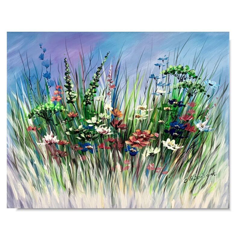 Obraz malowany letnia łąka, kwiaty obrazy, malarstwo współczesne, obraz ręcznie malowany, obraz z kwiatami, obraz łąka, obrazy rybnik, obrazy do kuchni, kwiaty