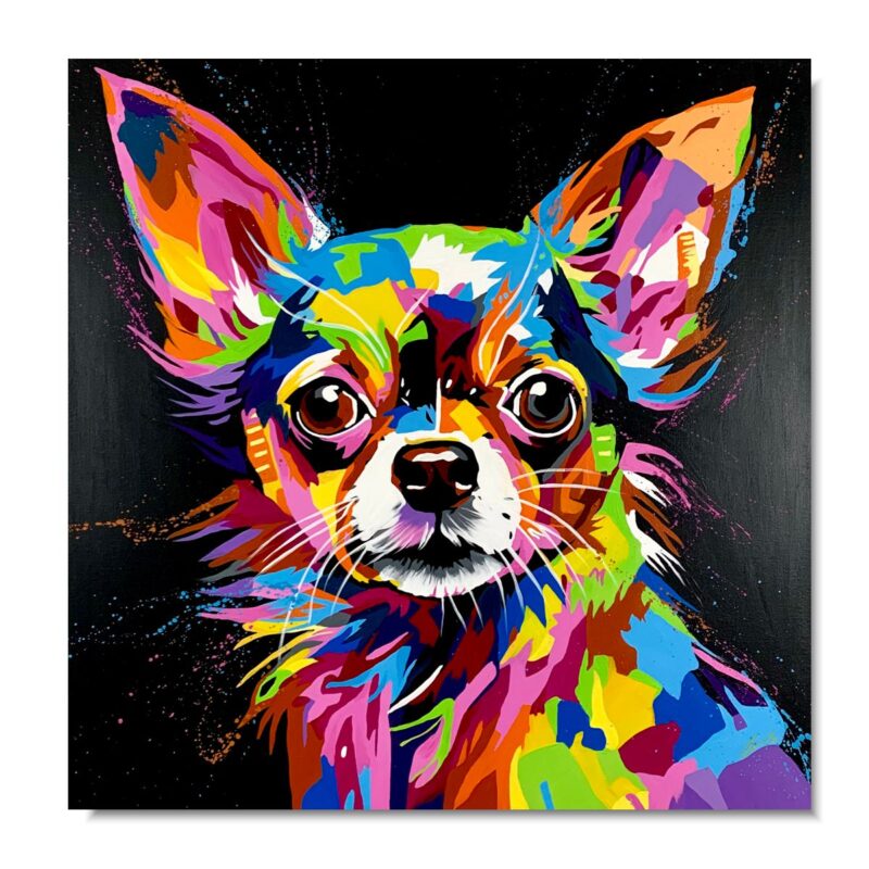 Obraz malowany kolorowy pies, kolorowy pies Chihuahua, obraz Chihuahua, obraz z psem, kolorowy obraz, obrazy zwierzęta, obraz kolorowy pies, obraz ręcznie malowany, obraz do pokoju młodzieżowego, obrazy zwierzęta