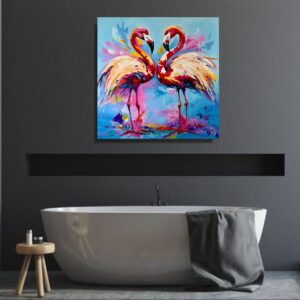 obrazy zwierzęta, obrazy ptaki, kolorowe flamingi, kolorowe obrazy, obrazy ręcznie malowane, obrazy do łazienki