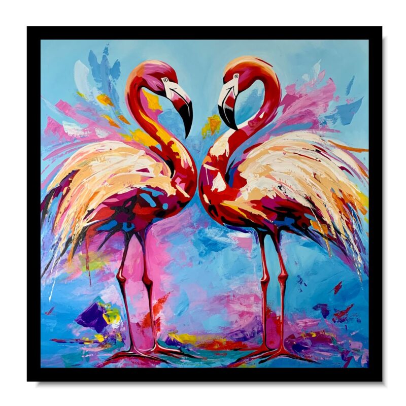 obrazy zwierzęta, obrazy ptaki, kolorowe flamingi, kolorowe obrazy, obrazy ręcznie malowane, obraz kolorowy w czarnej ramie