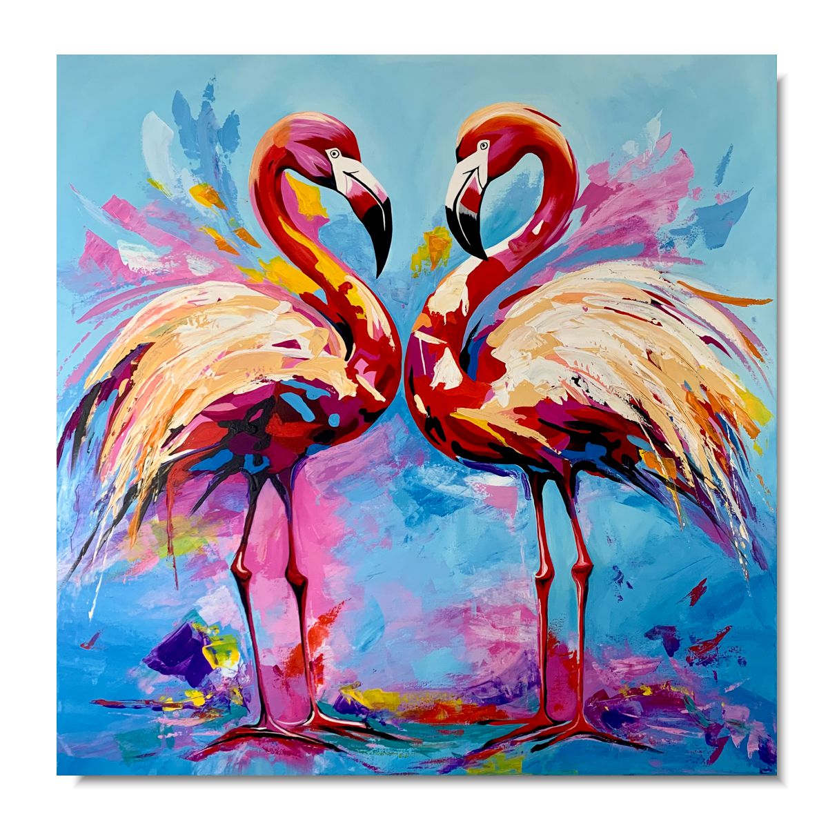 obrazy zwierzęta, obrazy ptaki, kolorowe flamingi, kolorowe obrazy, obrazy ręcznie malowane