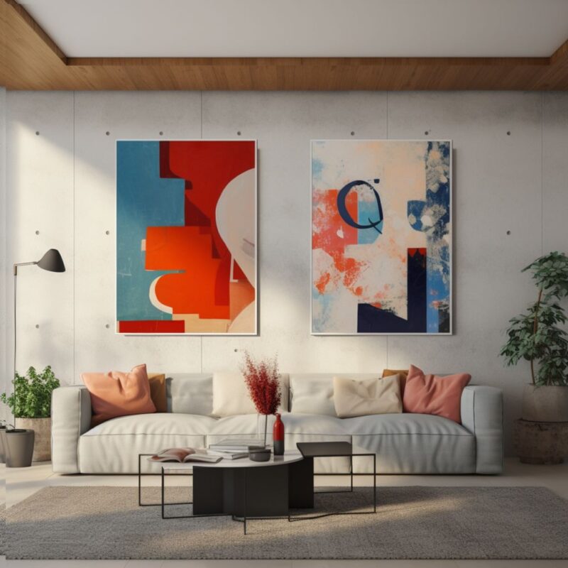 kolorowa abstrakcja, pomarańczowo niebieski obraz, komplet dwóch obrazów, dwa obrazy do salonu, obraz kolorowy dyptyk abstrakcja