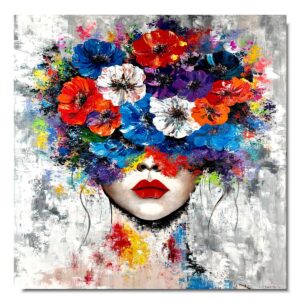 Obraz portret ręcznie malowany, kolorowy portret, obraz 100x100, obrazy do salonu, obrazy na płótnie