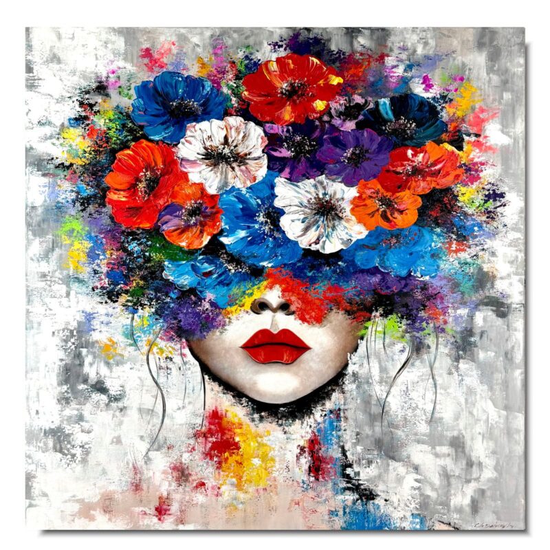 Obraz portret ręcznie malowany, kolorowy portret, obraz 100x100, obrazy do salonu, obrazy na płótnie