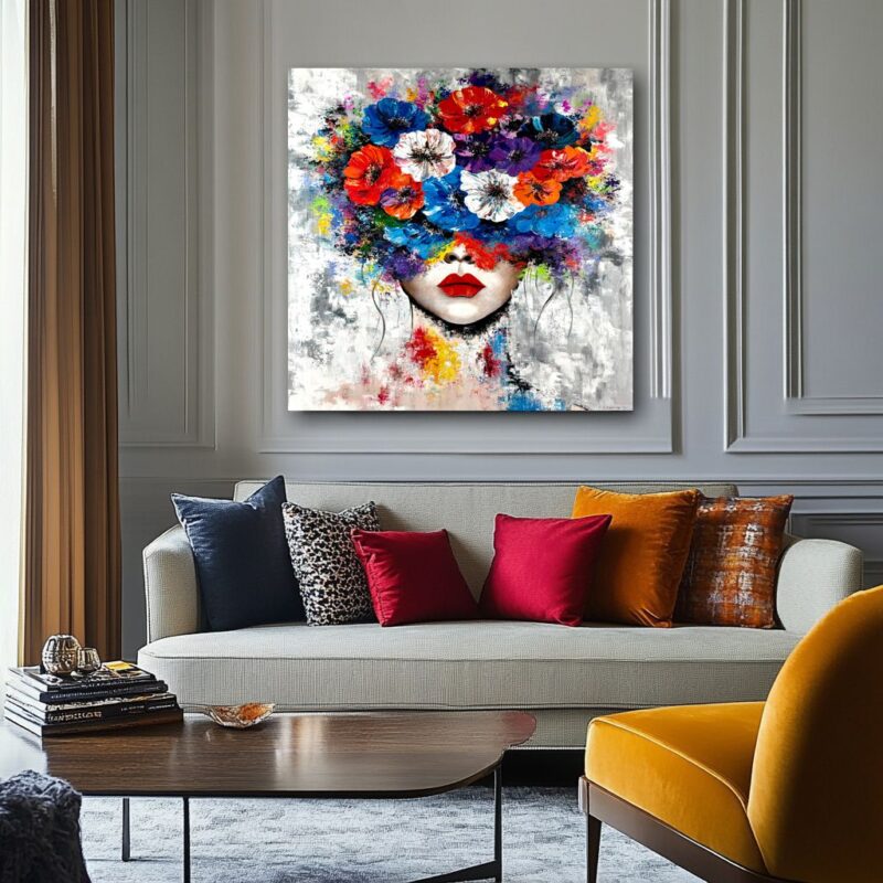 Obraz portret ręcznie malowany, kolorowy portret, obraz 100x100, obrazy do salonu, obrazy na płótnie