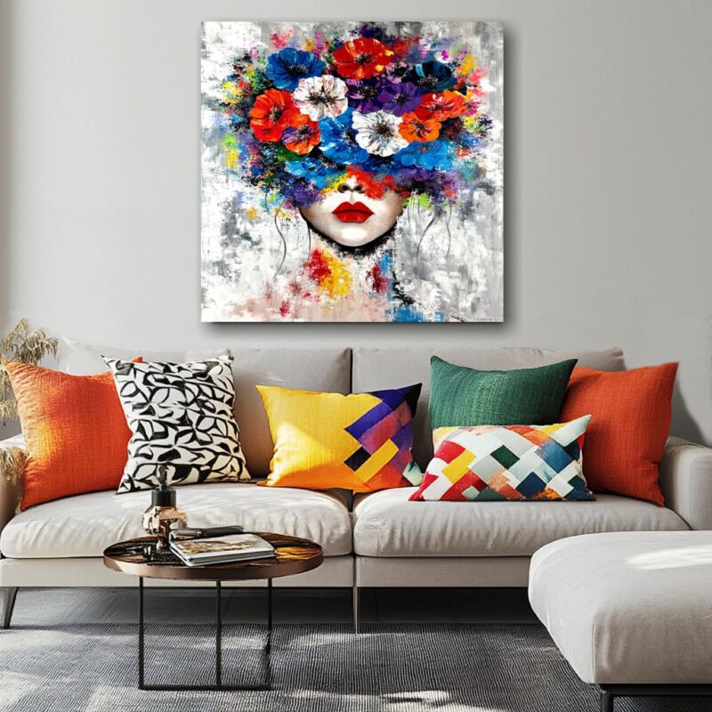 Obraz portret ręcznie malowany, kolorowy portret, obraz 100x100, obrazy do salonu, obrazy na płótnie