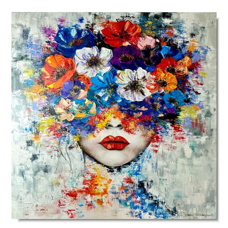 Obraz portret ręcznie malowany, kolorowy portret, obraz 100x100, obrazy do salonu, obrazy na płótnie