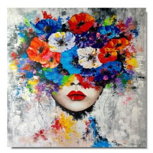 Obraz portret ręcznie malowany, kolorowy portret, obraz 100x100, obrazy do salonu, obrazy na płótnie