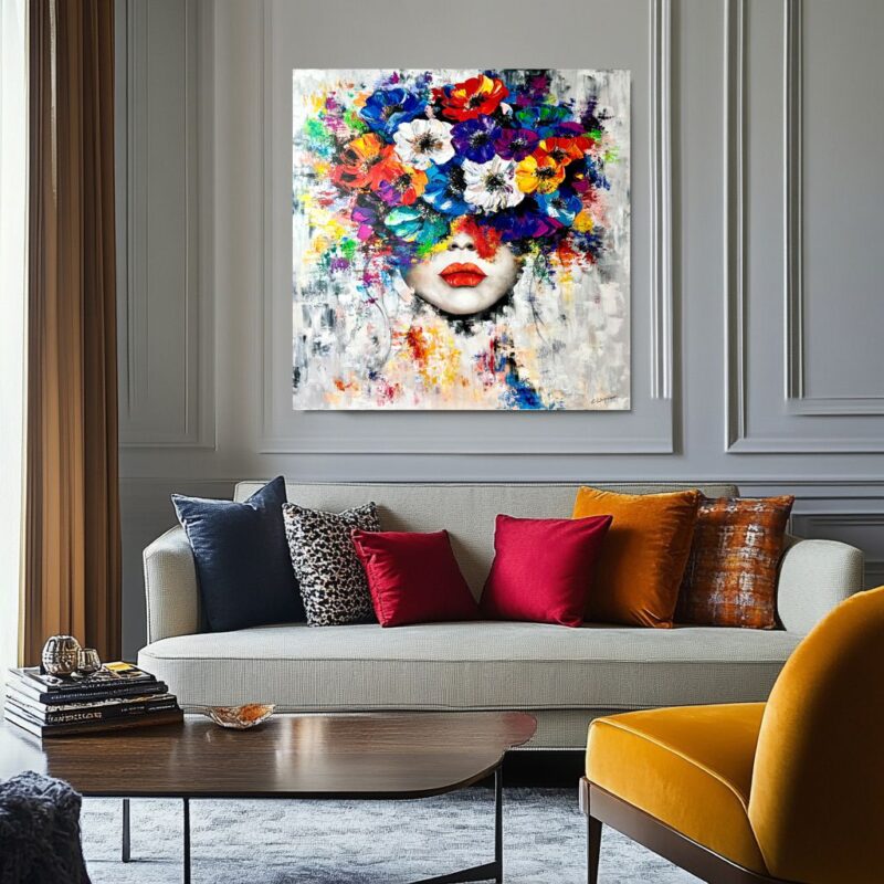 Obraz portret ręcznie malowany, kolorowy portret, obraz 100x100, obrazy do salonu, obrazy na płótnie