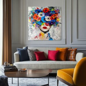 Obraz portret ręcznie malowany, kolorowy portret, obraz 100x100, obrazy do salonu, obrazy na płótnie