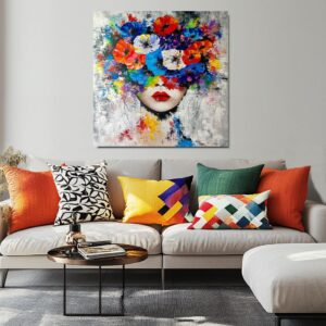 Obraz portret ręcznie malowany, kolorowy portret, obraz 100x100, obrazy do salonu, obrazy na płótnie