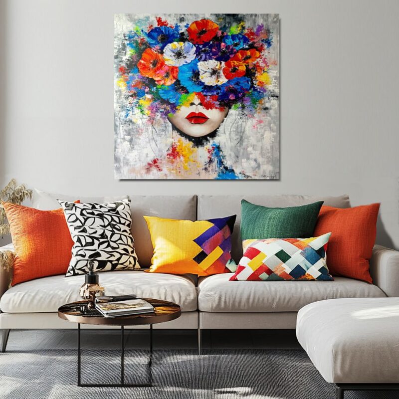 Obraz portret ręcznie malowany, kolorowy portret, obraz 100x100, obrazy do salonu, obrazy na płótnie