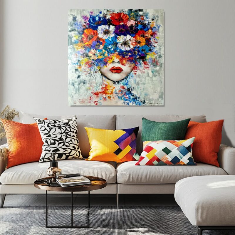 Obraz portret ręcznie malowany, kolorowy portret, obraz 100x100, obrazy do salonu, obrazy na płótnie