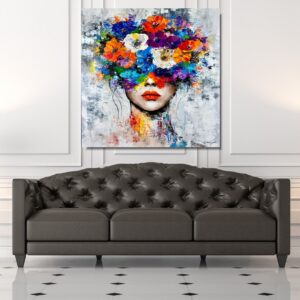 Obraz portret ręcznie malowany, kolorowy portret, obraz 100x100, obrazy do salonu, obrazy na płótnie