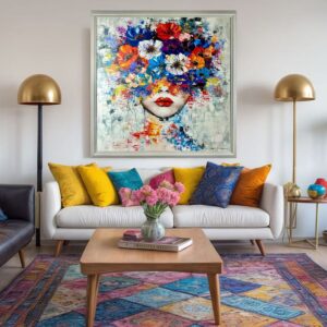 Obraz portret ręcznie malowany, kolorowy portret, obraz 100x100, obrazy do salonu, obrazy na płótnie