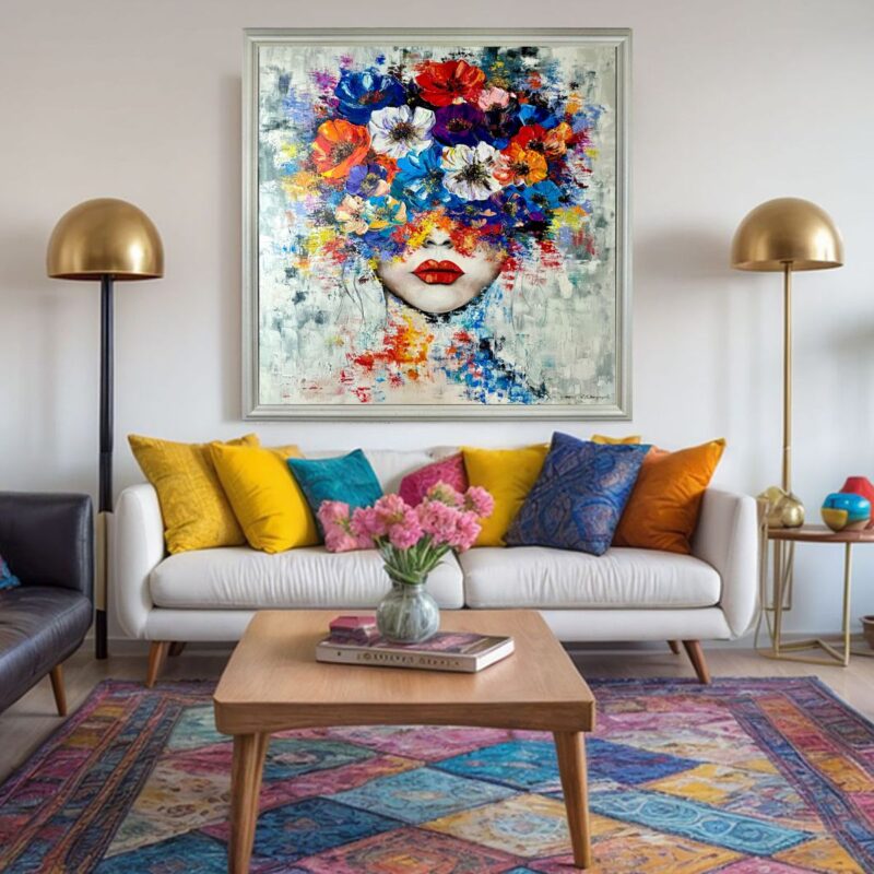 Obraz portret ręcznie malowany, kolorowy portret, obraz 100x100, obrazy do salonu, obrazy na płótnie