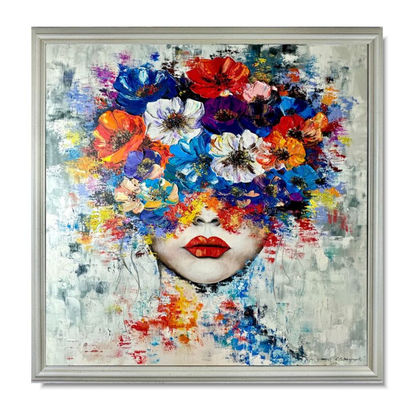 Obraz portret ręcznie malowany, kolorowy portret, obraz 100x100, obrazy do salonu, obrazy na płótnie