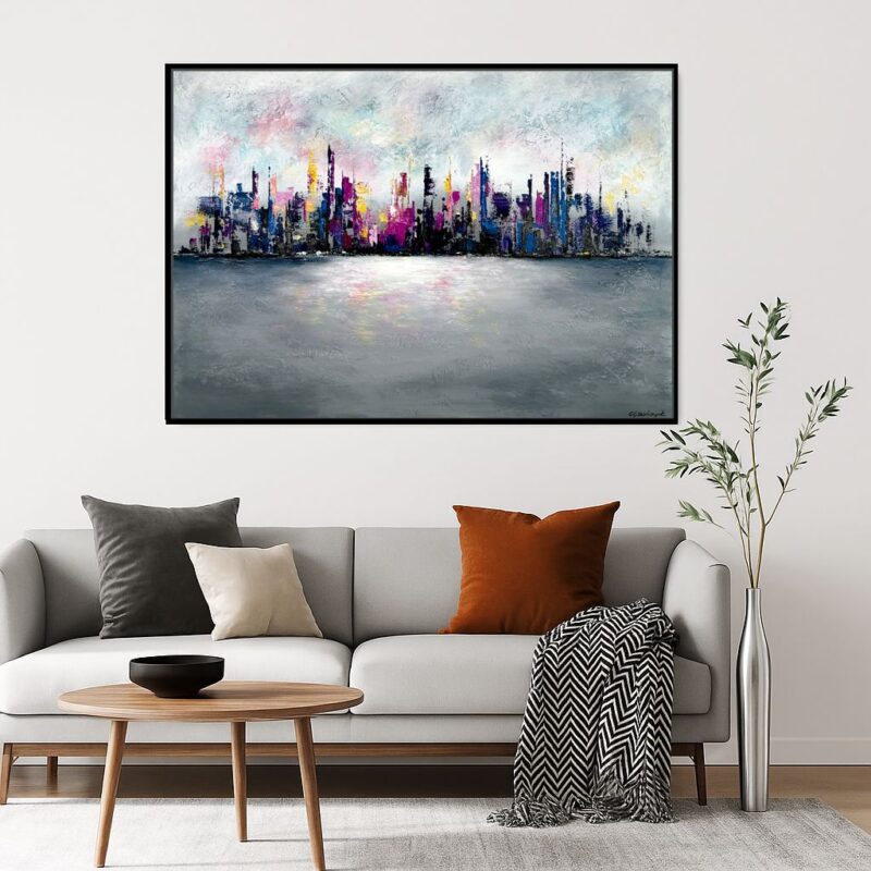 Kolorowy obraz abstrakcja w ramie, obraz kolorowe miasto, obrazy miasta, obrazy architektura